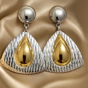 Two-Tone Triangle Drop Earrings | Polished Silver & Gold Teardrop Dangle Jewelry